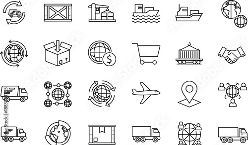 Vector Line Art Icon Set of Global Logistics and Cargo Transportation Featuring Shipping Containers Delivery Trucks Cargo Ships Air Freight and International Supply Chain Symbols