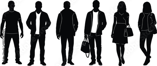 Modern people silhouette collection showing men and women standing with casual outfits and bags isolated on white background for fashion, lifestyle, urban, and character design use