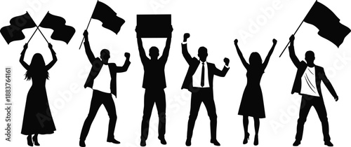 Protest and demonstration people silhouette group holding flags and banners showing activism, freedom, and public movement isolated on white background for social, political, and campaign design use