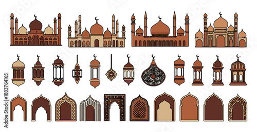 Islamic architecture and lantern set of flat line icons in earth tones and brown colors