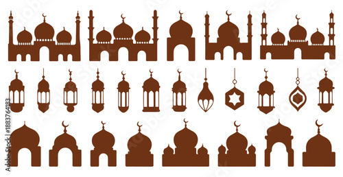 Brown monochrome collection of mosque silhouettes hanging lanterns and various dome shapes