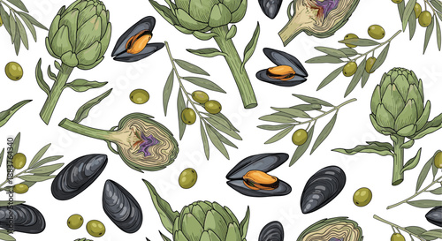 Seamless Vector Pattern of Mediterranean Food Ingredients Featuring Hand Drawn Illustrations of Artichokes Mussels and Olive Branches for Textile and Surface Design