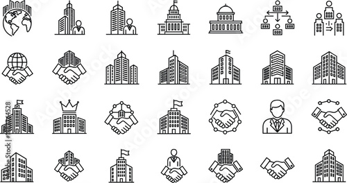 Vector Line Art Icon Set of Business and Corporate Elements Featuring Skyscrapers Office Buildings Handshakes Professional Avatars and Global Network Symbols
