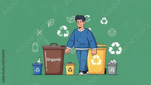 Recycling Man Puts Banana Peel In Organic Waste Bin Green Background