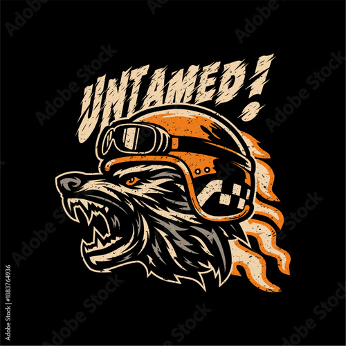 Vintage HAND-DRAWN Motorcycle WOLF BIKER UNTAMED Quotation T-shirt Design Illustration
