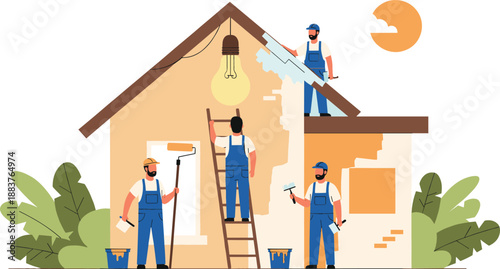 Professional construction team of painters and workers renovating a house exterior with tools and ladders for home improvement and maintenance service vector illustration.