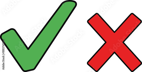 Green check mark and red cross icons isolated on white background, approval and rejection symbols for user interface, decision making, validation, and confirmation concepts