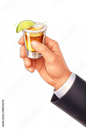 A man's hand holding a Tequila Shot with Salt and Lime
