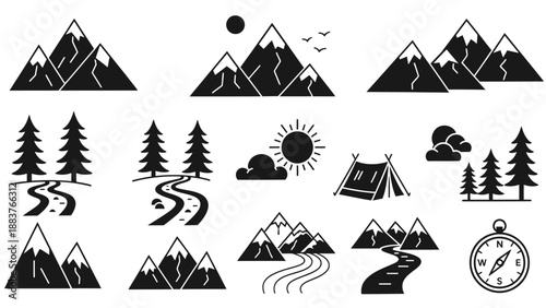 Collection of black and white camping, mountain, and nature icons with trees, rivers, sun, clouds, and a compass