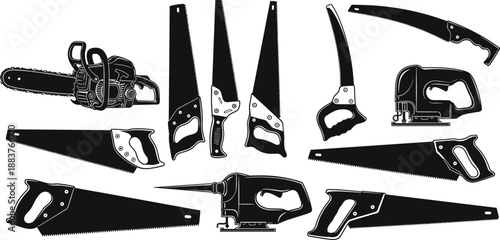 Vector collection of saw silhouettes including chainsaw jigsaw and hand saws for carpentry and construction design.