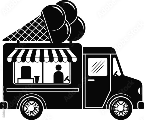 Vector illustration of ice cream truck with serving window, cone sign, and vendor inside, representing mobile dessert business concept.