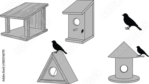 Vector set of various gray wooden birdhouses and bird feeders silhouettes with small birds for garden and backyard wildlife sanctuary concepts.