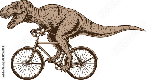 Vintage Illustration of Tyrannosaurus Rex Humorously Riding a Bicycle with Tiny Arms and Classic Wheels in a Surreal Scene