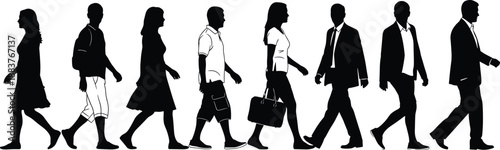 Silhouettes of diverse people walking in a row including business professionals and casual commuters, perfect for urban city life and pedestrian street scenes,