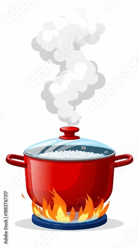 Red Pot Cooking Food on Gas Stove with Steam Footage