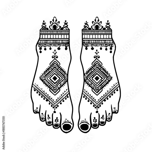 Henna Tattooed Feet with Ornate Anklets and Toe Rings