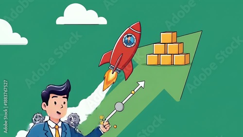 Red Rocket Ship Launching Upward On Green Arrow Path With Stars