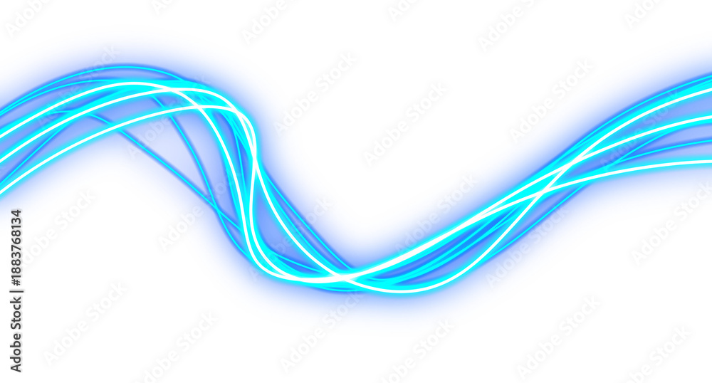 Fototapeta premium Abstract blue neon wavy light trails on transparent background
