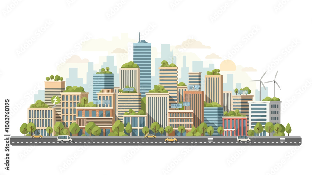 Fototapeta premium Cityscape illustration with modern buildings, trees, and wind turbines in a flat design style from a frontal viewpoint