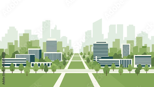 A serene cityscape with modern buildings and lush greenery from a distant viewpoint