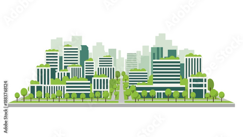 Cityscape with modern office buildings and lush greenery viewed from a distance