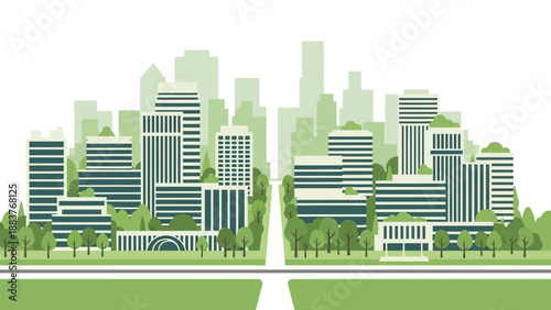 Aerial view of a futuristic cityscape with modern skyscrapers and lush greenery