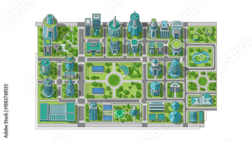 Aerial view of a vibrant cityscape with lush green parks and modern architecture