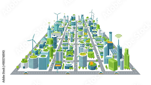 Sustainable cityscape with green buildings and wind turbines viewed from above