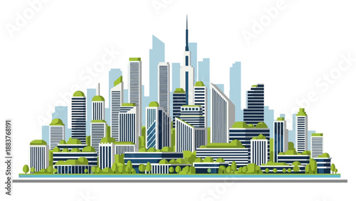 Modern cityscape illustration with skyscrapers and greenery viewed from a distance