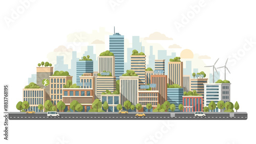 Cityscape illustration with modern buildings, trees, and wind turbines in a flat design style from a frontal viewpoint
