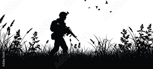 Soldier silhouette vector illustration walking through grassland with rifle and birds, military patrol nature scene design isolated on white background
