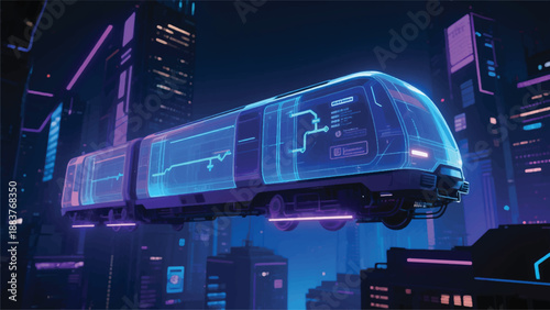 Illustration Of A Futuristic Train Floating With Holographic Transparent Walls, Route Displayed In The Air, Night Cityscape Atmosphere Vector Design Template