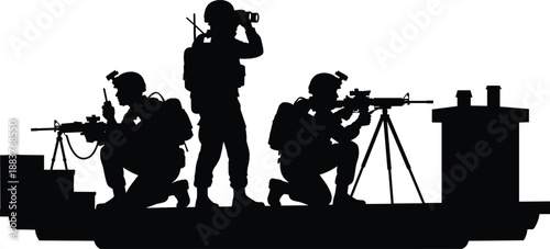 Special forces military tactical team silhouette vector illustration with soldiers using sniper rifles and binoculars for reconnaissance mission and modern combat operations,