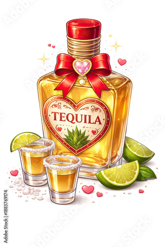 A Valentine's Day themed bottle of tequila with two shot glasses and limes 