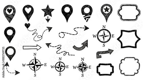 Collection of hand-drawn navigation icons, including location markers, compasses, arrows, and decorative frames