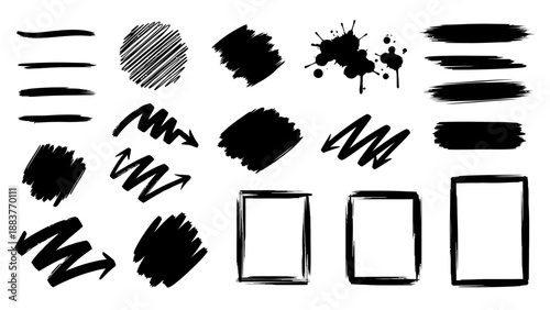 Collection of various black ink strokes, splatters, hatches, and frames with diverse textures and irregular shapes