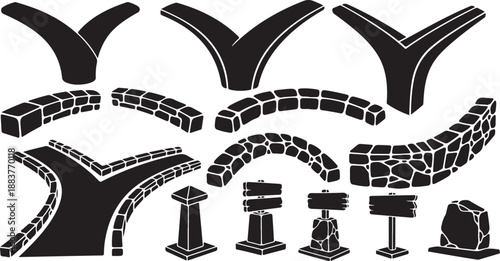 Black and white stone wall elements and pillars collection