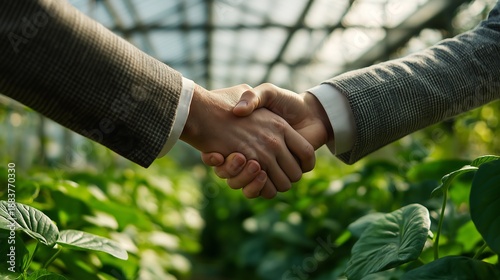 Business agreement in a modern greenhouse. Two people shaking hands amidst lush green plants, representing sustainable farming partnership