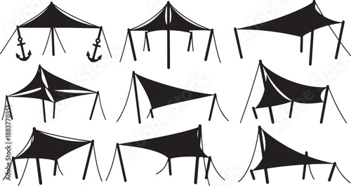 Set of black canopy tents with various designs and shapes