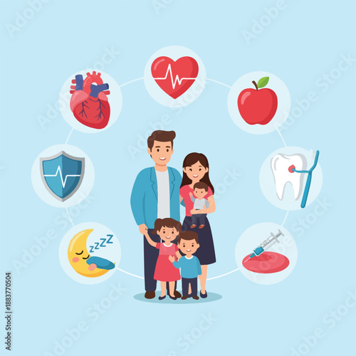 A family of four surrounded by icons representing a healthy lifestyle including heart rate, shield, and healthy food against a light blue background.