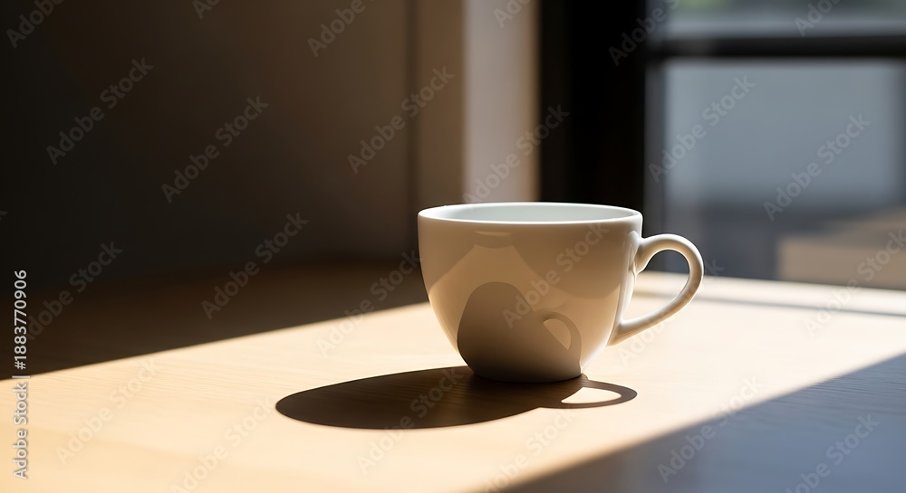 Obraz premium A minimalist photograph capturing a white ceramic coffee cup casting a soft shadow on a wooden surface, bathed in warm sunlight