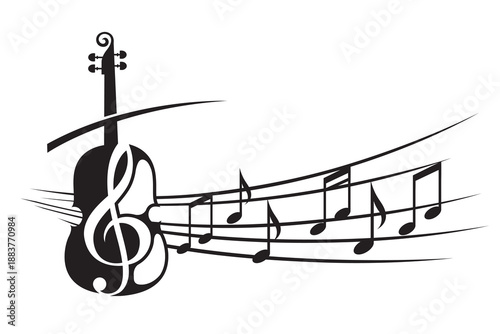 abstract emblem of violin and music notes isolated on white background