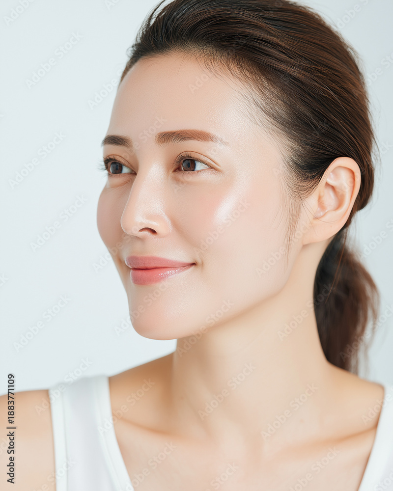 Fototapeta premium 40代, 女性, 美容, スキンケア, 化粧品, 美肌, エイジングケア, 若々しさ, 健康的, 自然体, 日本人, アジア人, 美容医療, 保湿, 美白, ツヤ肌, ナチュラルメイク, フェイシャルケア, 美容液, クリーム, マスク, リフトアップ, シワ改善, ハリ肌, エステ, 美容クリニック, 笑顔, クローズアップ, ポートレート, リラックス, ヘルシーライフスタイル, アンチエイジ