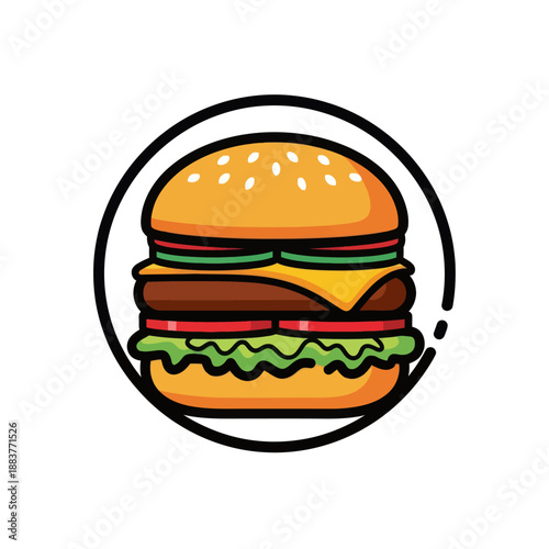 Cartoon-style cheeseburger with fresh toppings and crispy bun illustration for fast food branding or menu design