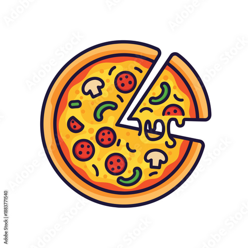 Delicious pizza with vibrant toppings including mushrooms, peppers, and pepperoni slices featuring a playful cartoon style and
