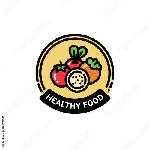 Vibrant healthy food badge featuring fresh vegetables and fruits with a modern design emphasizing nutritious eating habits and