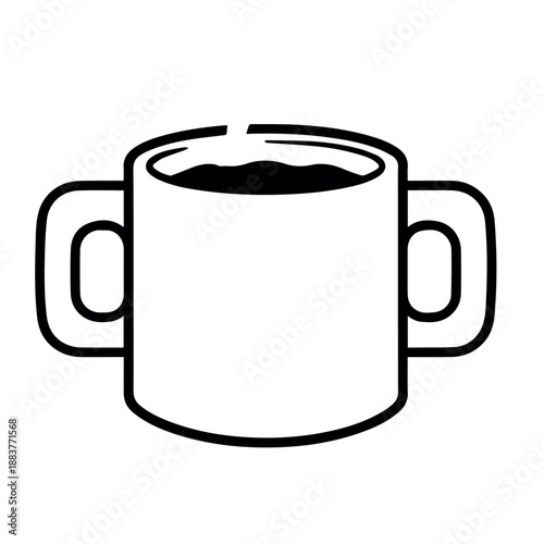 vector A unique and functional black and white illustration showcases a simple coffee mug designed with two handles, presenting a symmetrical and easy-to-grip drinking vessel.