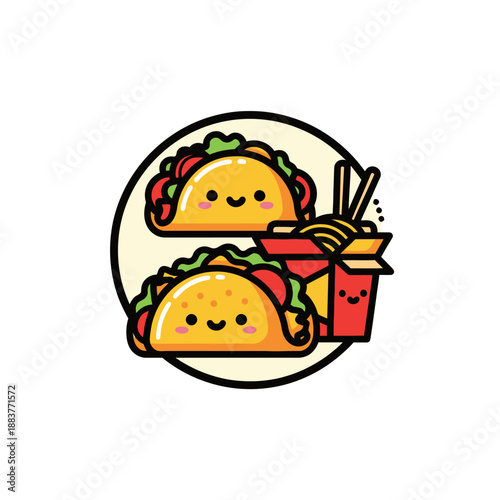 Adorable cartoon-style tacos and beverages forming a cheerful food scene celebrating fast food favorites in a playful manner