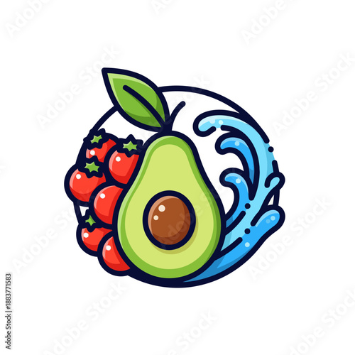Vibrant Fruit Fusion Illustration Combining berries, avocado, and water for a fresh and colorful visual effect suitable for