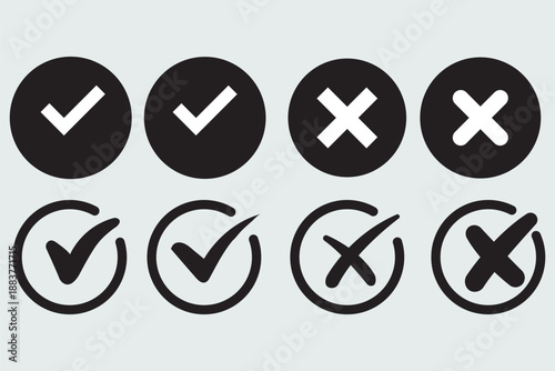 green checkmark and red x cross icons in circles for yes no approval rejection decision isolated on white background.